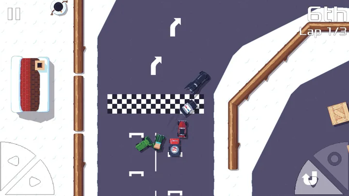 The start of a race on a snowy track, with the default pie buttons in the bottom corners (screenshot from the Pixel Wheels project, CC BY-SA 4.0) The start of a race on a snowy track, with the default pie buttons in the bottom corners (screenshot from the Pixel Wheels project, CC BY-SA 4.0)