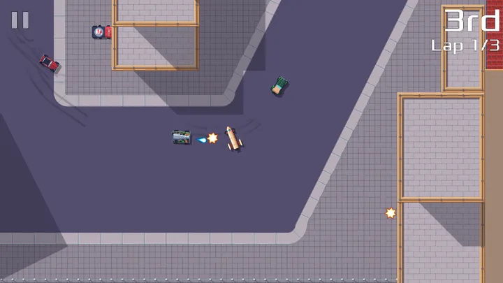 Firing the gun at a rival on a city track (screenshot from the Pixel Wheels project, CC BY-SA 4.0) Firing the gun at a rival on a city track (screenshot from the Pixel Wheels project, CC BY-SA 4.0)