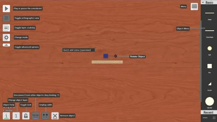 The sandbox editor with its controls labelled: play and pause, the object menu, quick add and the tools for the selected object (Principia Wiki, CC BY 4.0)