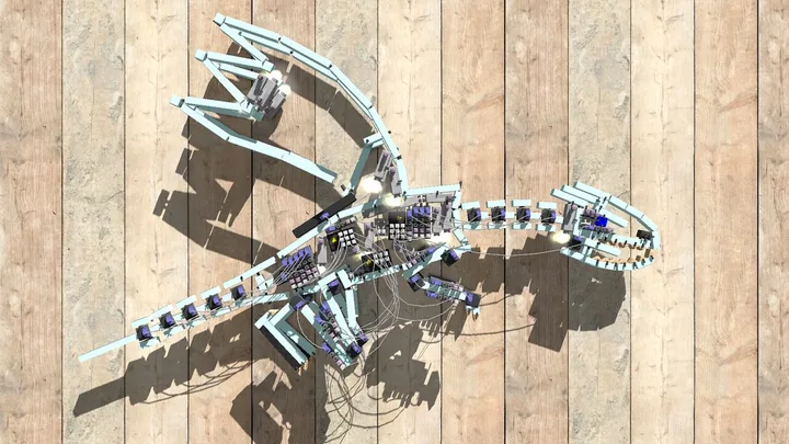 A dragon built from planks, motors and cables (screenshot from the Principia project)