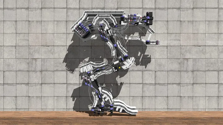 A large walking machine wired with motors and sensors (screenshot from the Principia project)