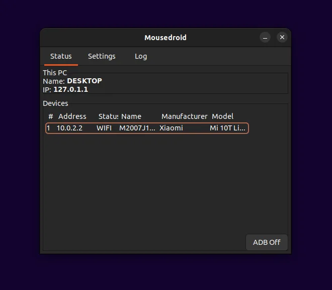 Mousedroid desktop server on Linux, phone connected over Wi-Fi Mousedroid desktop server on Linux, phone connected over Wi-Fi