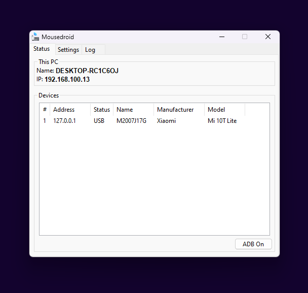 Mousedroid desktop server on Windows, phone connected over USB
