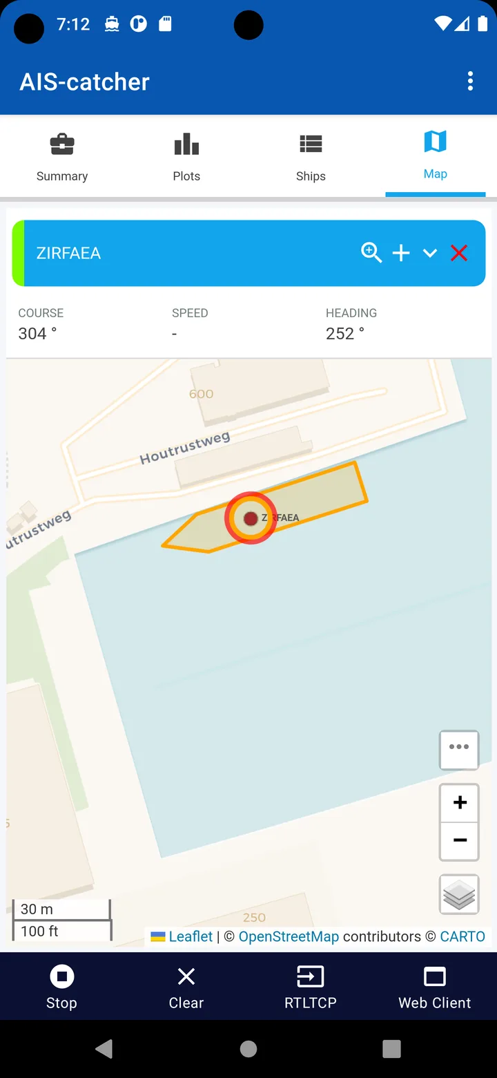AIS-catcher map with a tracked vessel