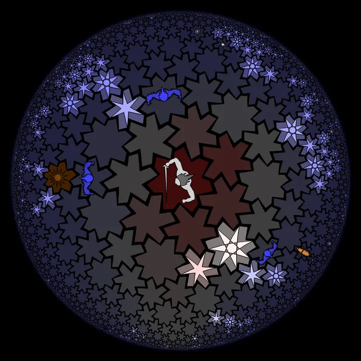 The Icy Land in the default style inspired by M. C. Escher, with the player at the centre (official HyperRogue gallery, public domain; rendered larger than the in-game view)