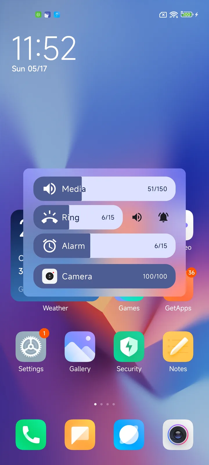 Volume Manager popup over the home screen