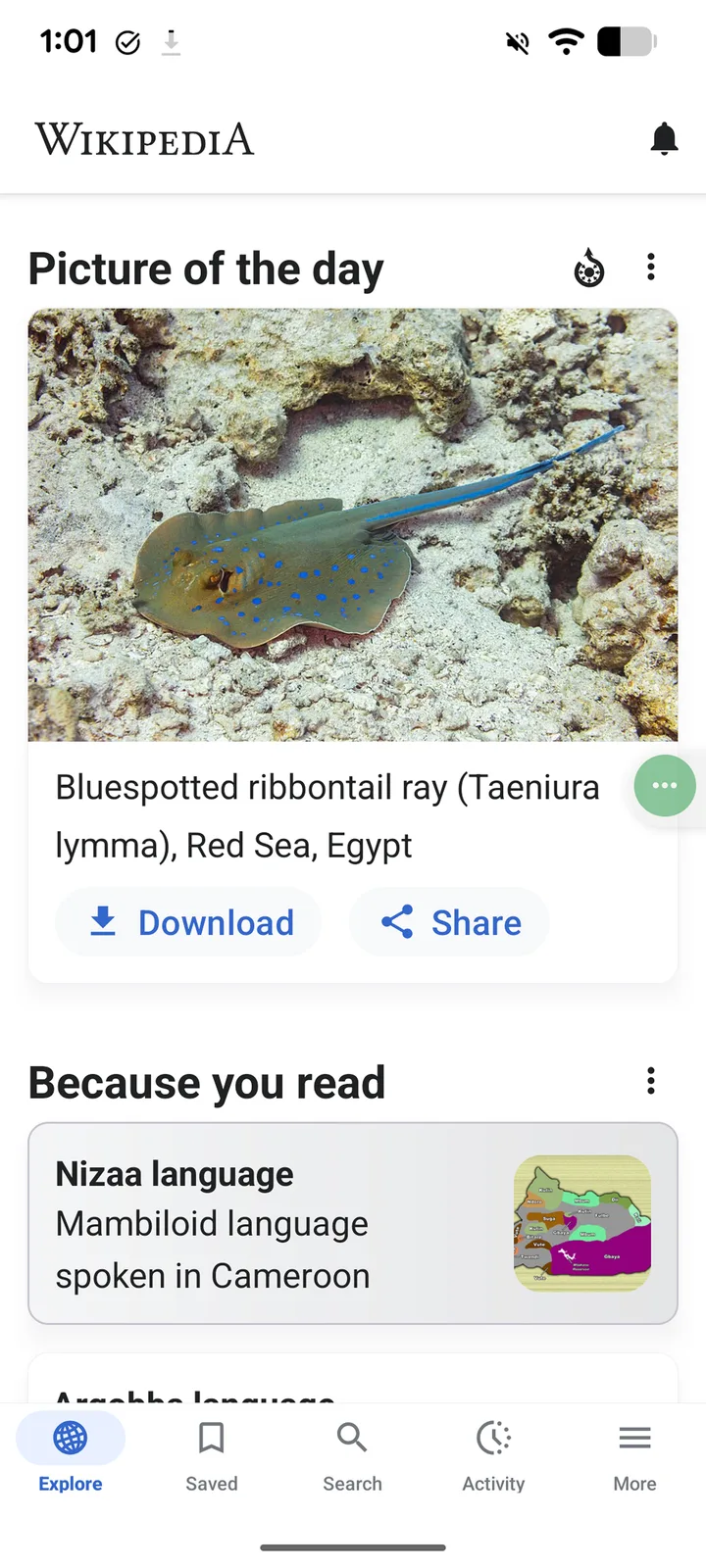 Picture of the day and reading suggestions in the app’s feed (Wikimedia Commons, by HNordeen (WMF), CC0) Picture of the day and reading suggestions in the app’s feed (Wikimedia Commons, by HNordeen (WMF), CC0)