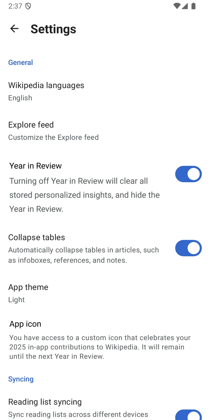 The app’s settings screen (Wikimedia Commons, by SChekfa-WMF, CC BY 4.0)